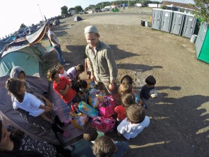 Passing out donations            